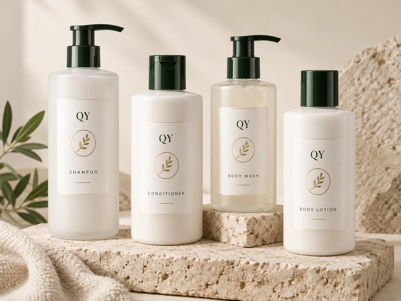 Shampoo, conditioner, body wash and body lotion bottles